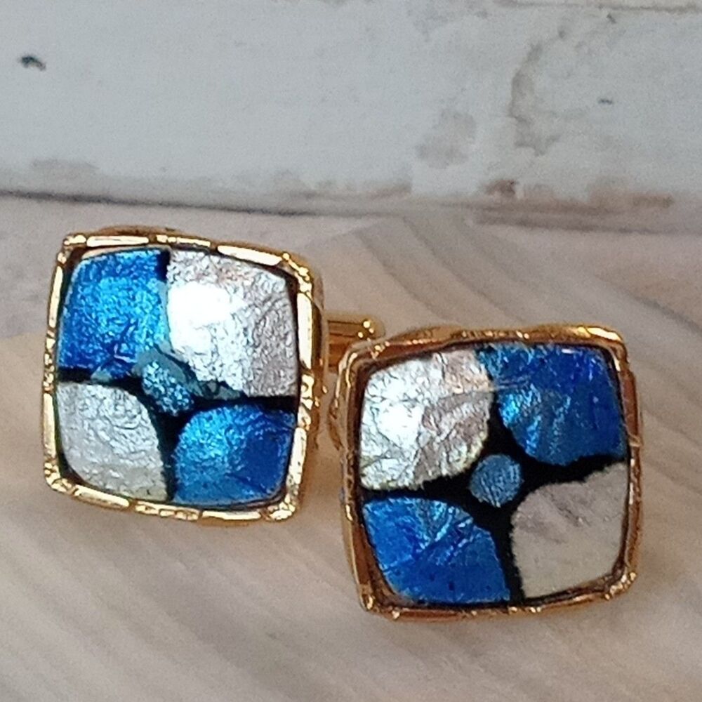 Vintage Sun Eagle Cufflinks Mens Accessory Gold Blue White Black Geometric Shape